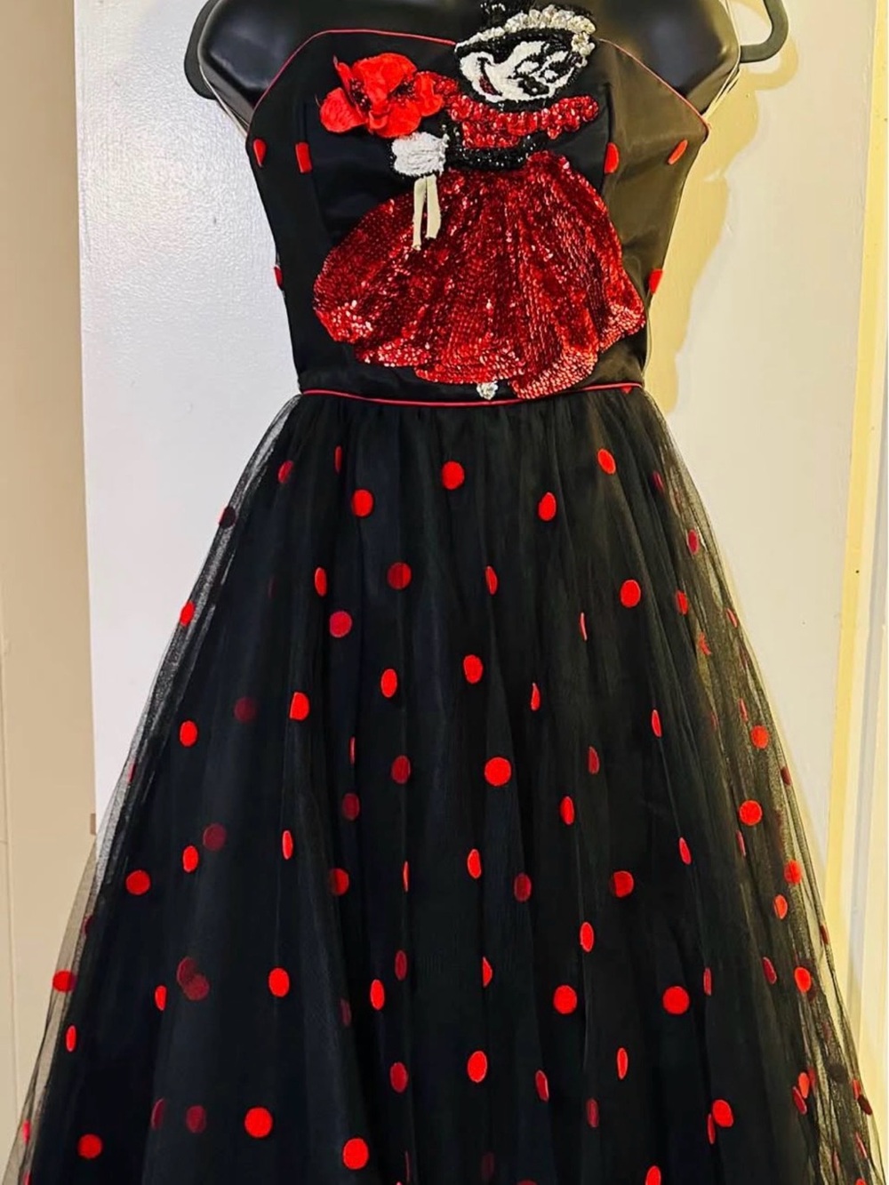 Black Tulle Prom Dress with Red Sequin Character Applique